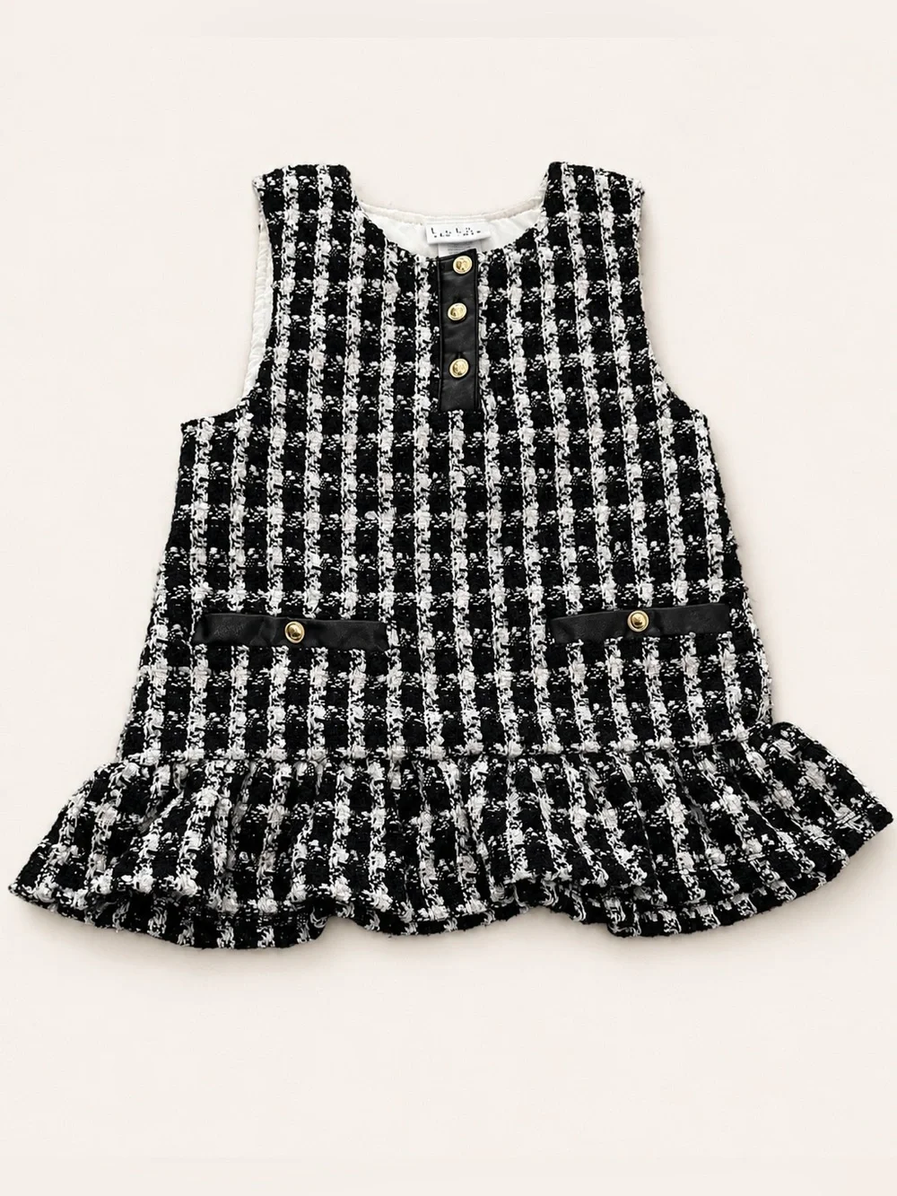 Nicole Miller Girls 3T Black & White Tweed Ruffle Hem Dress with Gold Buttons